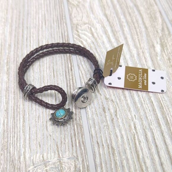 Magnolia and Vine Womens Leather Corded Snap Bracelet with Turquoise Stone NWT - Picture 3 of 4